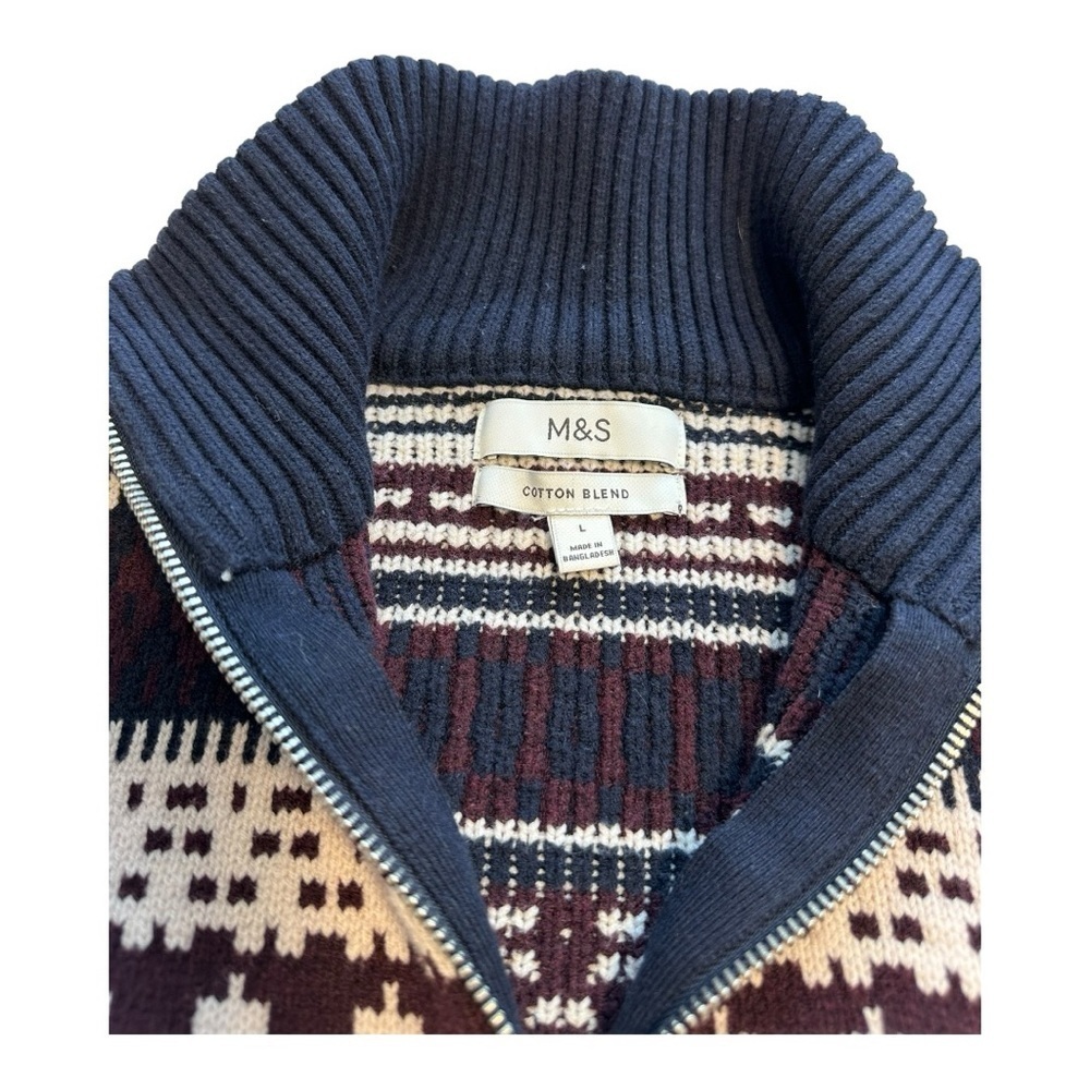 Marks & Spencer Cotton Blend Fair Isle Half Zip Jumper - Size Large - Picture 5 of 11